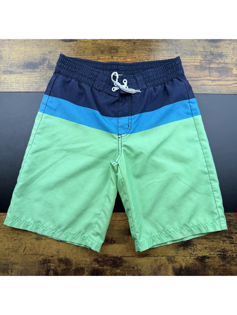 Crazy 8 Boys Swim Water Trunks Size M 7/8 Navy Blue Green Aqua Board Shorts